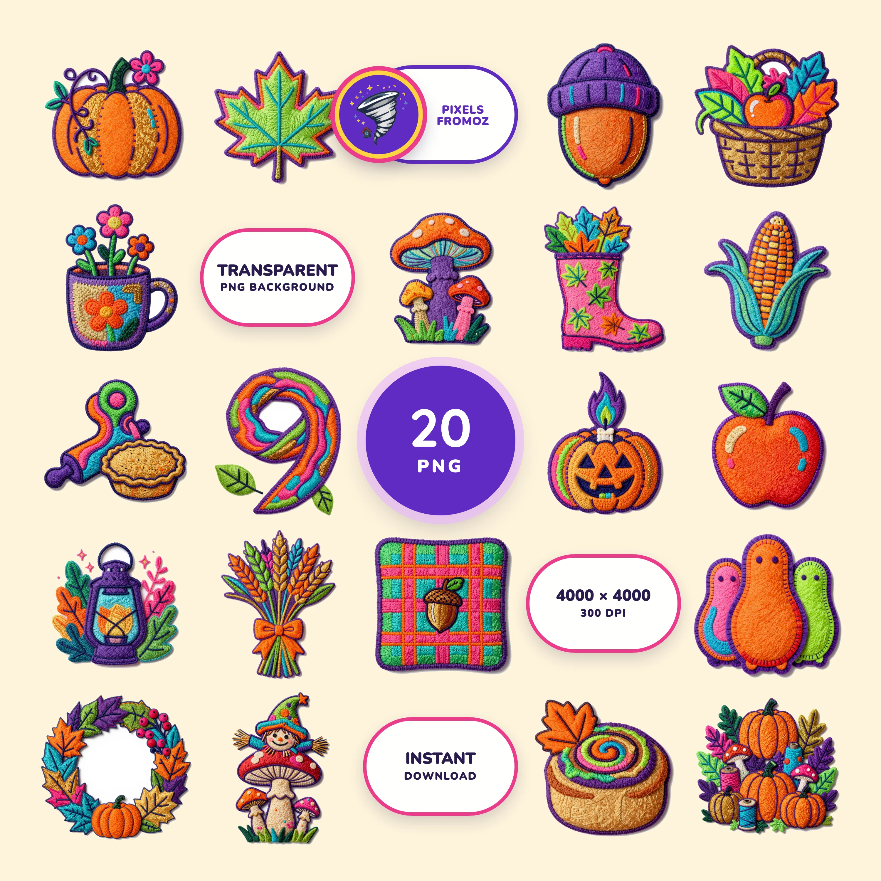 Embroidered Cozy Fall PNG clip art collection